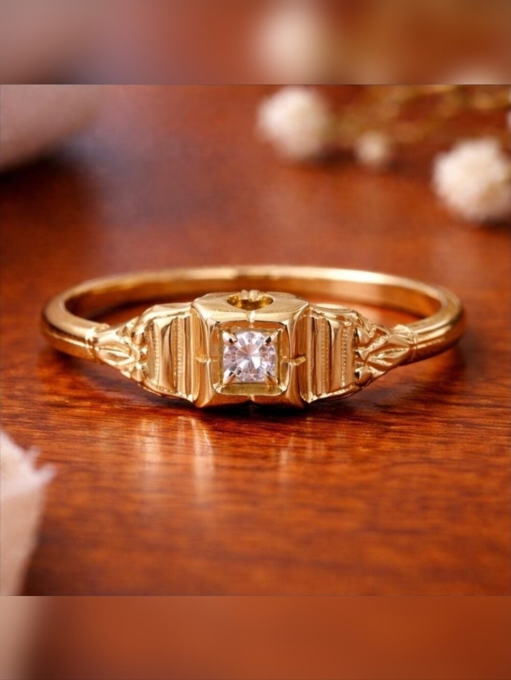 Vintage 14K Art Deco Diamond Engagement Wedding Ring, size 5.5